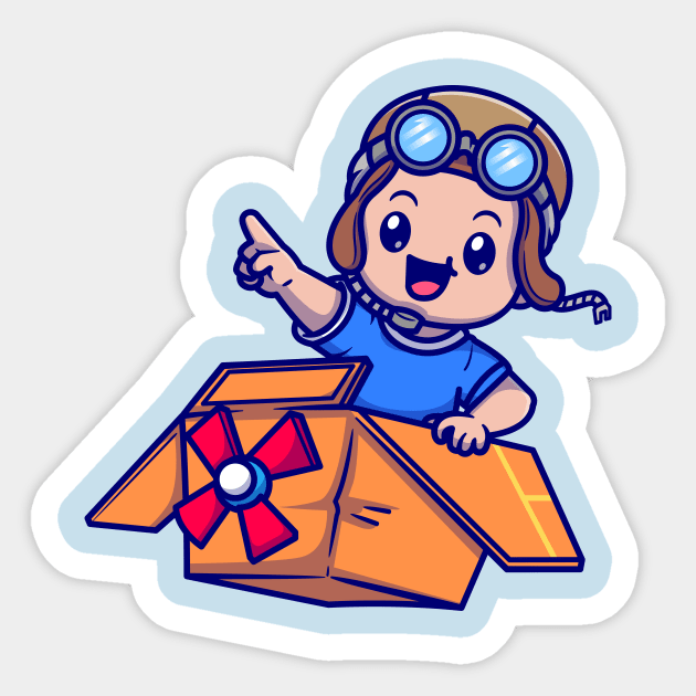 Cute Boy Pilot Driving Cardboard Plane Cartoon Sticker by Catalyst Labs